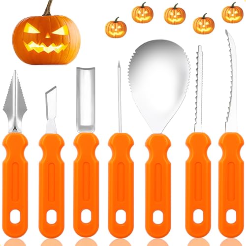 Halloween Pumpkin Carving Kit with Box, 7 Pieces Professional Stainless Steel Carving Tools Set Sculpting Knife Saw Scoop for Jack-O-Lantern Decoration, Family DIY Gift for Kids Teens Adults