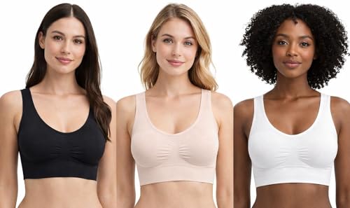 UtopyaUK 3 Pack Comfort Bra Padded Women Girls Crop Top Seamless Sleep in Yoga Bralette Leisure Stretch Sports Vest Wide Straps Value Pack Wire Free (XX-Large, White/Black/Nude)