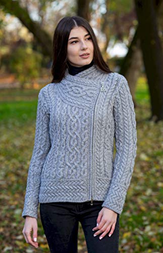 Image of SAOL Irish Cardigan for Women Made of 100% Merino Wool Ireland Sweater Cable Knit Zip Jacket
