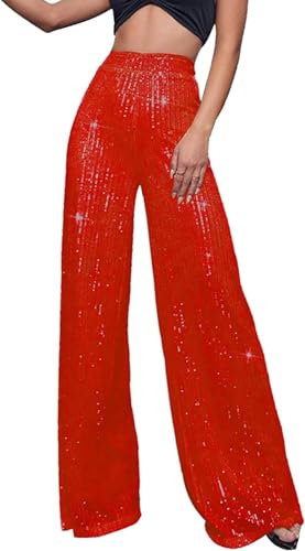 Vagbalena Damen-Gold-Glitzer-Hosen-Hose mit hoher Taille weites Bein französische Pailletten Lange hohe Taille lose Jogging Hose (Rot,L)