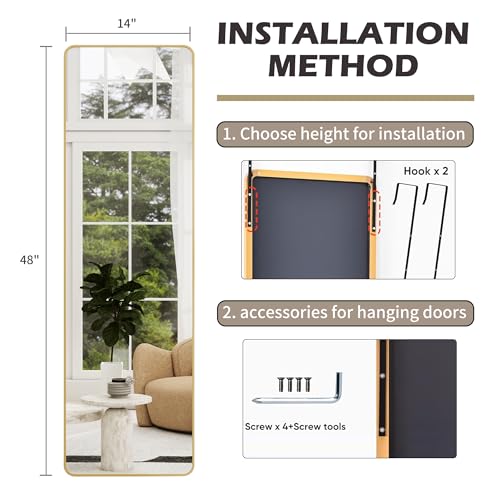 Door Mirror, Over The Door Full Length Mirror, 14x 48 Door Hanging or Wall Mirrors, Full Body Mirrors, Rounded Corner, Gold
