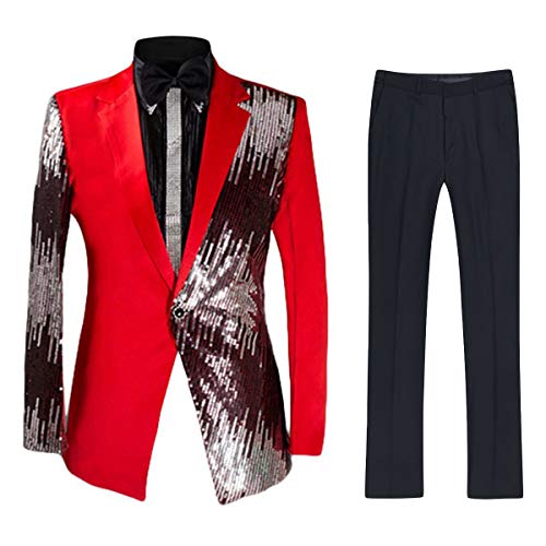 Men's 2-Piece Suit Casual One Button Slim Fit Blazer Stylish Sport Coat & Trousers, Red, Medium