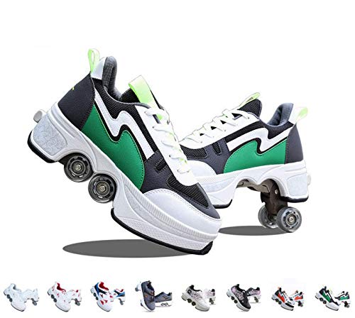 Roller Skates for Women,Shoes with Wheels for Girls/Boys,Men Outdoor Skates,Quad Skates for Kids,2 in 1 Double Line Skates/Kick Rollers Shoes for Adults,Parkour Deformed Shoes Unisex,Green-6US