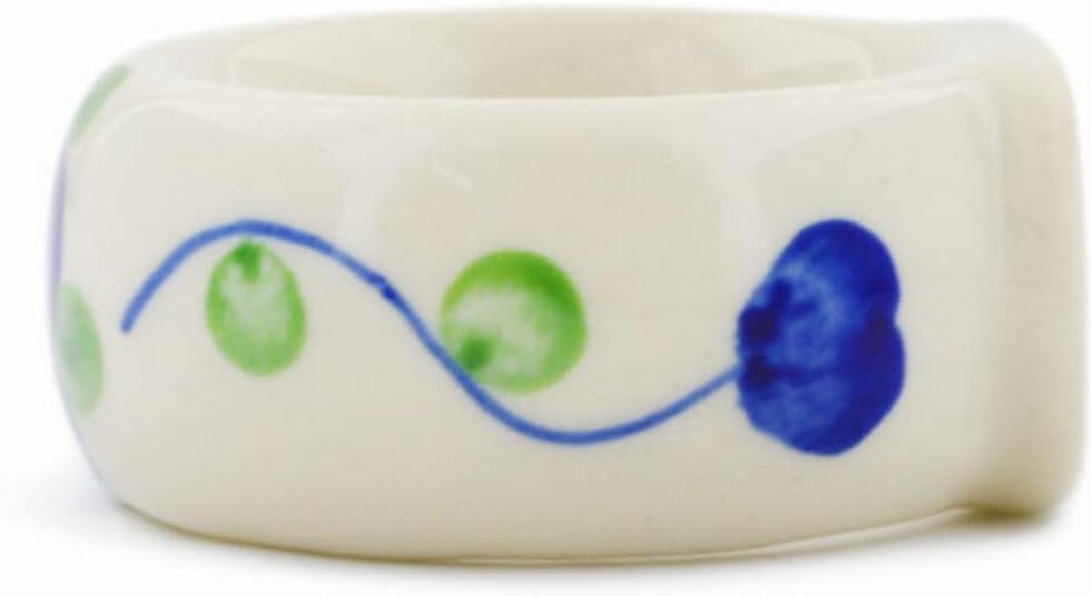 Polmedia Polish Pottery Napkin Ring - Blue Poppies Pattern Handmade in Boleslawiec Poland by Ceramika Bona + Certificate of Authenticity