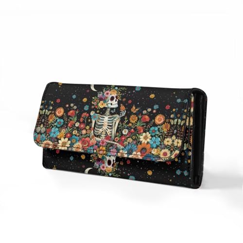 Image of AFPANQZ Large Capacity Women Purse Portable Handbag Purses, Skull Floral Womens Card Purse with Zipper Multifunctional Handbags RFID Blocking Checkbook Wallet