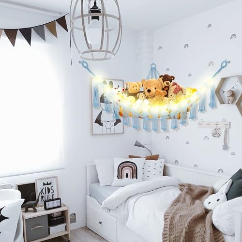 Image of CERETIA Stuffed Animal Hammock with LED Light, Large Stuffed Animals Storage Corner Plushie Net for Kids Room Decor, Baby Blue