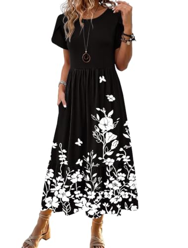 Image of Zeagoo Women Summer Midi A Line Dress Short Sleeve Casual Flowy Tiered Beach Long Sundress with Pockets 2026 Vacation Travel