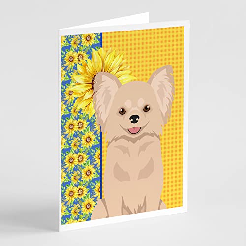 Caroline's Treasures WDK5352GCA7P Summer Sunflowers Longhaired Cream Chihuahua Greeting Cards and Envelopes Pack of 8 Blank Cards with Envelopes Whimsical A7 Size 5x7 Blank Note Cards