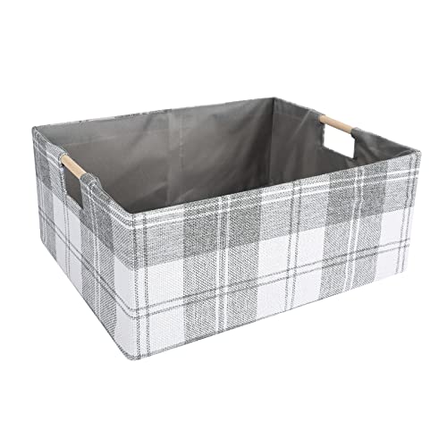 Anminy 2Pcs Storage Bins Set Large Foldable Cotton Linen Open Storage Baskets Box With Wood Handles Decorative Nursery Baby Kid Toy Clothes Towel Laundry Organizer Container - Large, Light Gray Plaid #TOP1