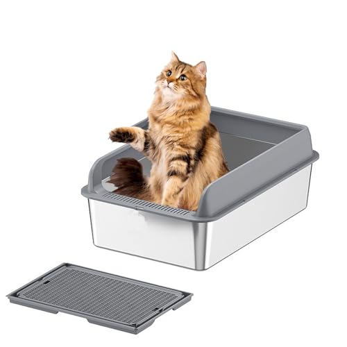 Beauenty Stainless Steel Cat Litter Box High Sides Extra Large XL Cat Litter Box Enclosure for Big Multiple Cats Anti Splashing and Easy Clean Include Litter Mat & Scoop