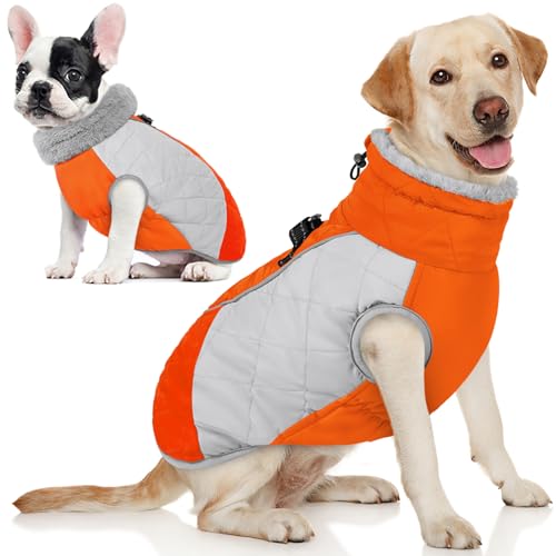 Image of AOFITEE Dog Coat, Warm Dog Jacket, Reflective Dogs Winter Coat with Harness | Windproof Fleece Dog Winter Jacket, Cozy Dog Snowsuit Pet Puffer Jacket for Small Medium Large Dogs, Orange L