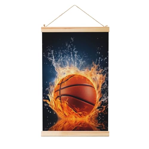 Toile basket-ball feu et eau deco murale salon cadre bois 36 pouces