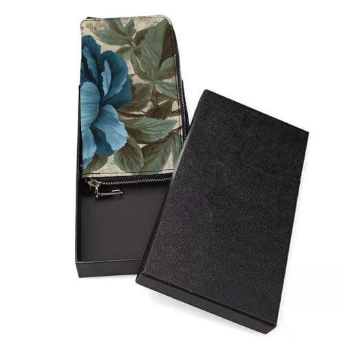 Blue Peony And Butterfly Vintage PU Leather Clutch Long Bifold Wallet, Coin Purse Credit Pass Case, Durable Card-Holder Money Storage for Women Men3