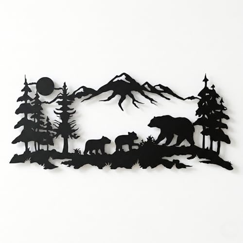 DEKADRON Metal Wall Art, Metal Bear Family Art, Tree Mountain