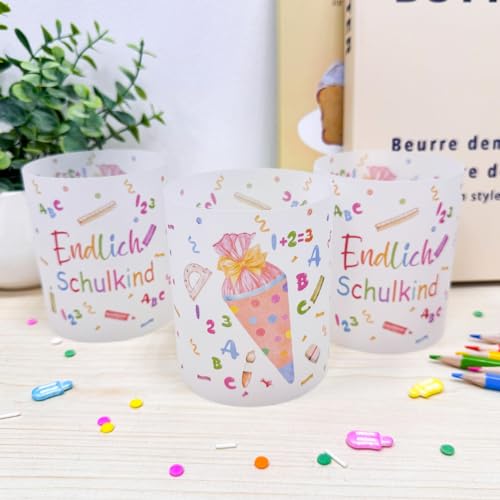 12 Windlicht Tischdeko Einschulung, Endlich Schulkind 2024 Deko, Schulanfang Deko Junge Mädchen, Schuleinführung Einschulungsdeko mit Bunten ABC Zuckertüte, Geeignet für Teelichter