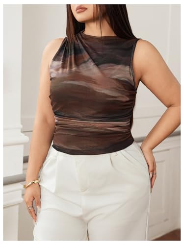 MakeMeChic Women's Plus Size Mock Neck Tank Tops Tie Dye Sleeveless Ruched Summer Shirt4