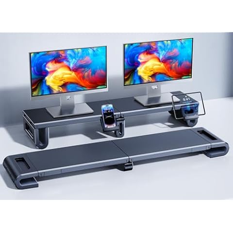 Nauttxon Dual Monitor Stand Riser for Desk - Length and Height Adjustable Computer Monitor Stand with Phone Tablet Stand - Multifunctional Dual Monitor Riser for Printer PC Computer Laptop TV (Black) Cover