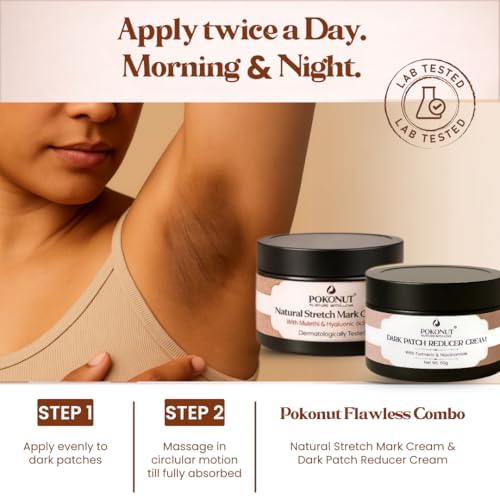 Image of POKONUT Flawless Skin Combo-Pokonut Dark Patch Removal Cream With Turmeric & Niacinamide, 50G Pokonut Natural Stretch Mark Cream With Mulethi & Hyaluronic Acid, Dermatologically Tested (50 gm, Combo - Pack of 2)