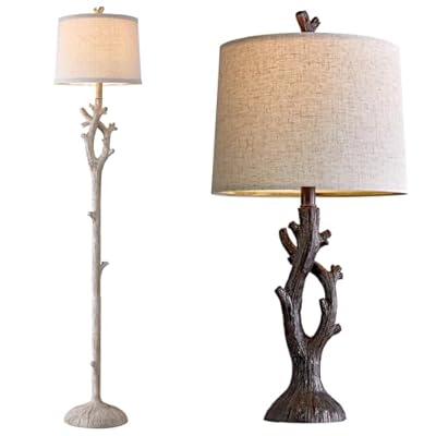 OYEARS 25" Farmhouse Table Lamp Set of 2 & Retro Farmhouse Floor Lamp for Living Room Bedroom Resin Bedside Tree Lamp Nightstand End Table Lamps Vintage Natural Style