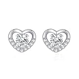 Gulicx Elegant 925 Sterling Silver Stud Earrings for Women Girls, Love Heart Shaped Stud Earrings with 3A Cubic Zirconia, Allergy Free Jewellery Gift for Mother Wife Girlfriend