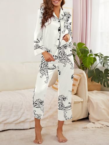 Image of Brosloth Women's Silk Satin Pajamas Long Sleeve Button Up Loungewear Set | Button Down Animal Print Pajamas, Ladies Fancy Pajama sets, Two Piece Lounge Set, Notch Collar Lightweight Sleepwear, Gift