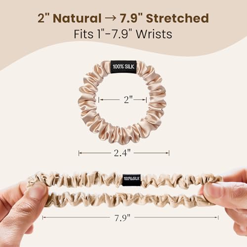 Image of THXSILK 100% Mulberry Silk Small Scrunchies 3-Pack, 25 Momme Low Profile Hair Ties for Fine Hair, Sleek No Damage Ponytail Holders for Everyday Use(Beige, Black, Grey)