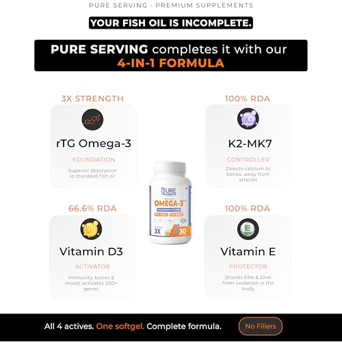 Image of Re-Esterified Triglyceride (RTG) Form Omega 3 Fish Oil Capsules | Triple 3X Strength 450mg EPA & 300mg DHA | Vitamin D3 K2-MK7 & Vitamin E | Lemon Flavour | Burpless | 30 Softgels