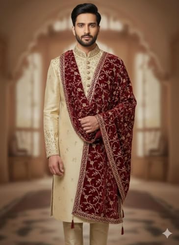 Image of Elegant Men's Wedding Sherwani Dupatta, Gold Velvet Floral Print, Traditional Indian Ethnic Wear with Tassels, Free Size