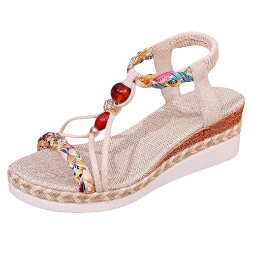 Genérico Sandalias Mujer Cuña Plataforma Zapatos de Cómodas Sandalias Planas de Verano para Mujer,Bohemias con Perlas,Zapatos Playa para El Tiempo,Sandalia Dorada (White,40)