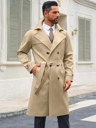 Image of Runcati Mens Trench Coat Double Breasted Notched Lapel Casual Belted Windbreaker Fall Classic Long Jacket Overcoat
