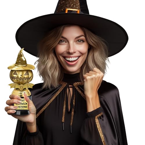 FIESTAS GUIRCA | Trofeo Premio Mejor Disfraz Calabaza (22 cm) - Decoración de Halloween y Fiestas de Disfraces - Ideal para Concursos de Disfraces y Celebraciones - Oro y Negro