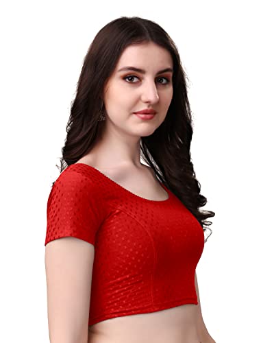 Image of Mogsa Women's Stretchable Dobby Cotton Lycra Saree Blouse | Readymade Stitched Blouse | Round Neck | Short Sleeve | Soft & Comfortable Ethnic Blouse for Saree Wear