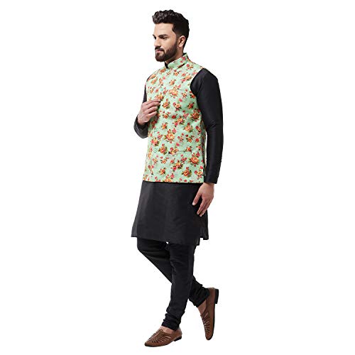 Image of SOJANYA (Since 1958 Men's Silk Blend Black Kurta Pyjama & Printed Nehrujacket Combo