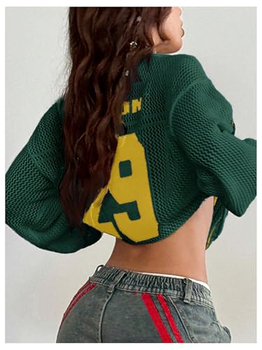 Verdusa Women's Y2k Clothes Going Out Tops Oversized Crochet Jersey Shirts Graphic V Neck Pullover Sweater Dark Green Large2