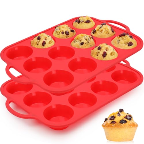 Image of CAKETIME Silicone Muffin Pan, Metal Reinforced Frame Silicone Cupcake Pan Regular Size 12 Cups Nonstick Muffin Tins for Baking Easy to Move 2 Pack Red