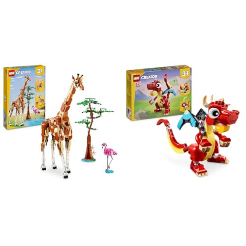 LEGO Creator 3in1 Tiersafari, Kreativ-Set mit Tierfiguren, Spielzeug-Giraffe & Creator 3in1 Roter Drache, Spielzeug mit 3 Tierfiguren inkl. Roter Drache