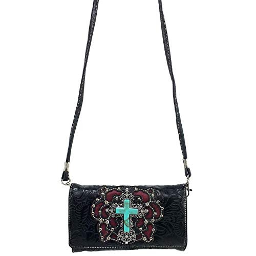 Zelris Western Turquoise Stone Cross Women Crossbody Wrist Handle Trifold Wallet3