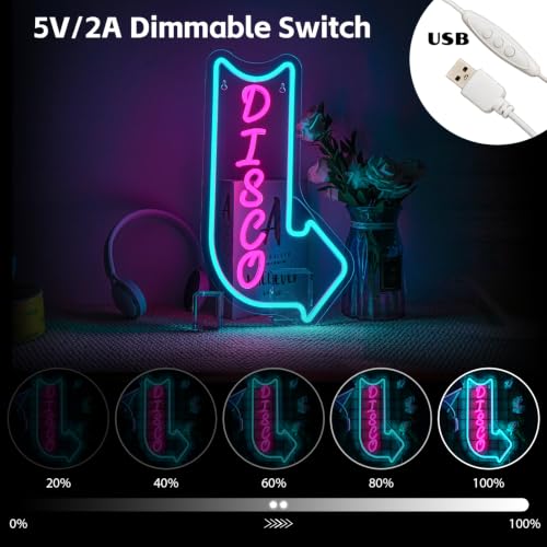 Image of Looklight Disco Neon Signs for Wall Decor Pink Blue LED Word Light Sign Right-Pointing Arrow Neon Light USB Light Up Letters Sign for Disco Lover Music Bar Music Studio Rec Room Bedroom Party Decor