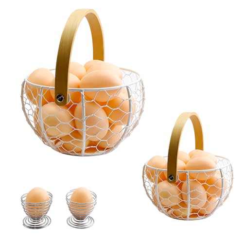2 Pack Wire Egg Baskets with Handle, Farmhouse Round Metal Egg, Gathering Fresh Eggs Holder Basket for Kitchen Countertop, Collecting Basket for Rustic Eggs (White1)