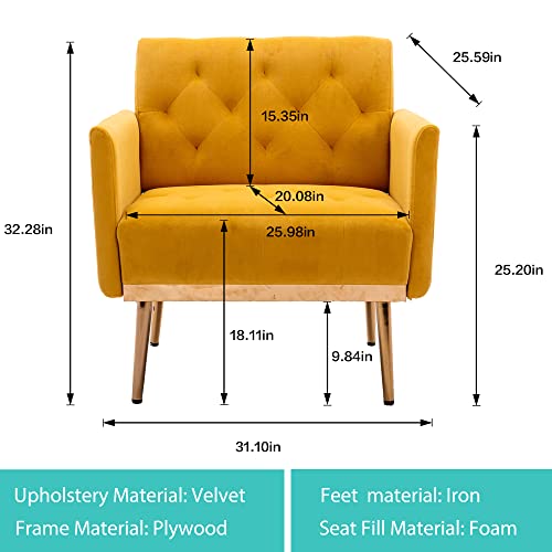 Joybase Velvet Accent Chair, Velvet Armchair, Mid Century Modern Chair With Metal Legs, Tufted Accent Chair, Comfy Reading Chair, Arm Chair For Living Room, Bedroom (Yellow) #TOP1