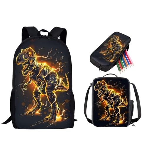 3 Pcs 3D Dinosaur Kids Backpack Sets, Boys 17 Inch School Backpack and Lunch Bag Set for Students, Large Capacity Durable Bookbag Set with Pencil Pouch