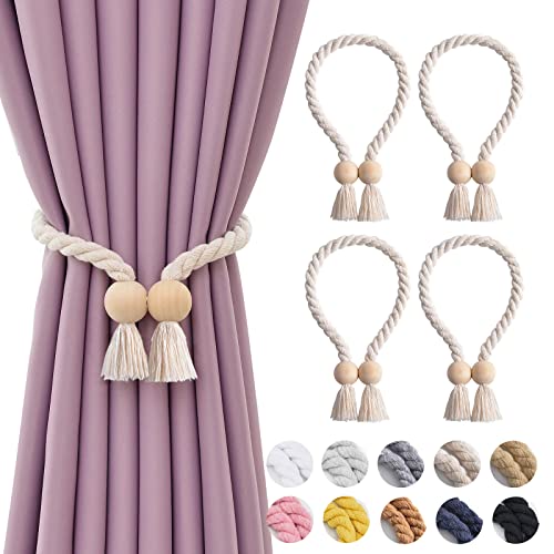 NICEEC 4 Pack Wooden Ball Magnetic Curtain Tiebacks Boho Home