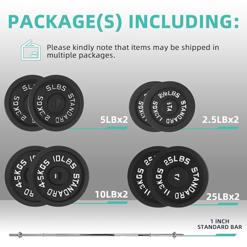 Image of Fitvids Barbell Weight Set, Cast Iron 1 inch Standard Weight Plates Including 5FT Standard Barbell Bar & Star Locks, 95 Pounds Set (85 Lbs Plates + 10 Lbs Barbell Bar), Multiple Packages