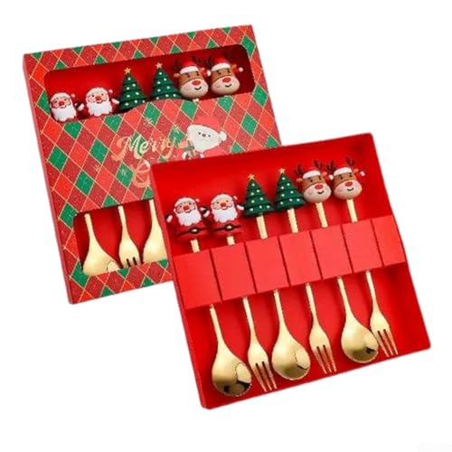 Juego de 6 cucharas y tenedores de acero inoxidable con diseño de árbol de Navidad para cenas festivas (1)