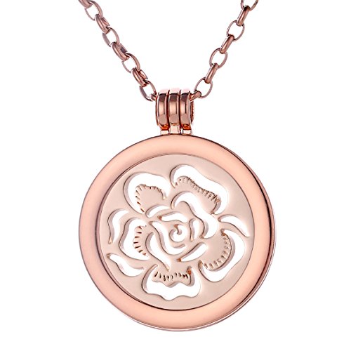 Morella collar mujer oro rosa 70 cm acero inoxidable y colgante amuleto Coin 33 mm en bolsa para joyas mar de flores