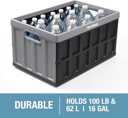 Image of CleverMade Collapsible Storage Bins with Lids, 62L, 3 Pack, Obsidian | Large-capacity bins support 100 lb and stack securely. The lid stores underneath, and each crate folds to 2.5 inches.