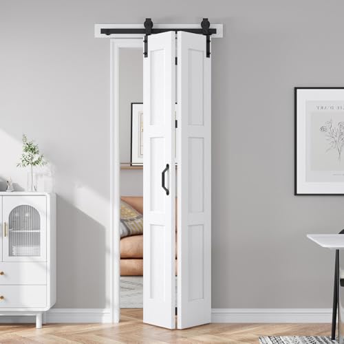 Image of FREDBECK 30X84(Double 15x84) White Bifold Barn Door Sliding Bi fold Doors Bi-fold Folding with 34 inch Hardware Kit & Handle,Solid MDF Door with Water-Proof PVC Surface for Closet,Assembly Required
