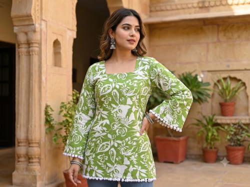 Image of Women's Premium Viscose Rayon Floral Printed Short Kurti | Stylish Bell Sleeves with Pom-Pom Lace | Tunic Top for Jeans & Office Wear