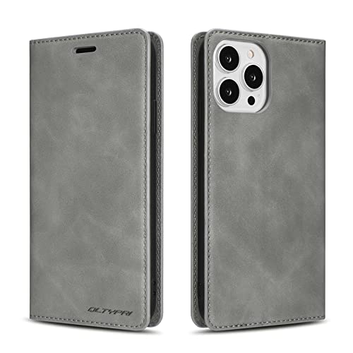 Étui iPhone 14 Pro Max housse cuir PU portefeuille coque gris avec support vidéo