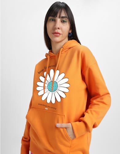 Image of JUNEBERRY Cotton Fleece Regular Fit Hooded Sweatshirt Lastest Back Graphic Printed Winter Hoodies for Women (Available in Colors: Black, SOYA Bean, Orange, Marshmellow, White & Lilac)